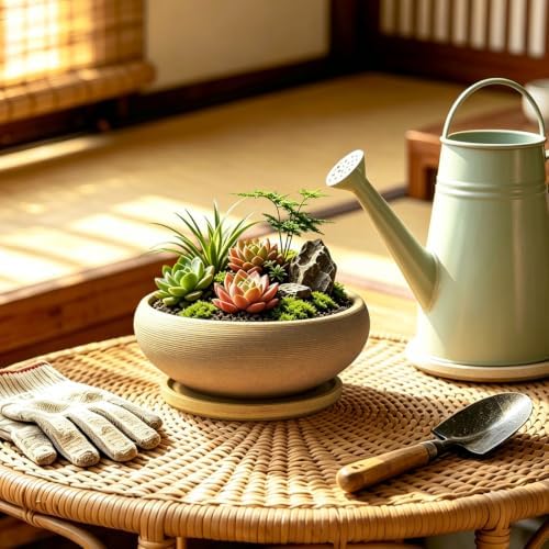 MUZHI 2 Pack 8+6 Inch Plant Pot - Natural Unglazed Ceramic Bonsai Pot with Bamboo Saucer, Large Vintage Clay Shallow Planter Pot with Drainage Hole - Image 5