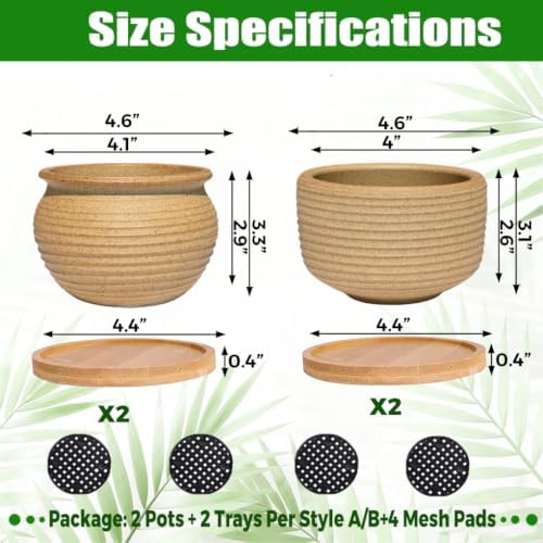 MUZHI Rustic 4 inch Bonsai Plant Pot with Bamboo Tray Set of 4, Unglazed Ceramic Succulent Cactus Pot Indoor Outerdoor with Drainage Hole - Image 2