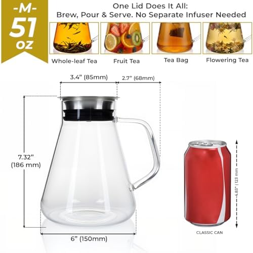Aquach 51oz Glass Teapot with Filter Lid, Stovetop Safe Tea Pot - Image 4
