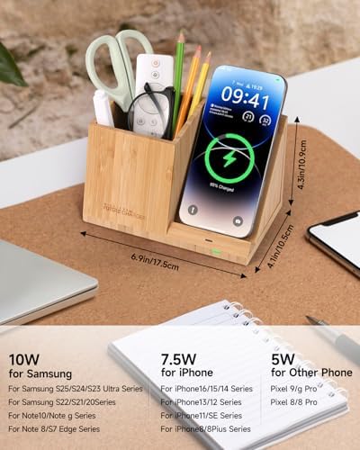 Bamboo Pen Holder for Desk & Nightstand Organizer with Fast Wireless Charging for iPhone, Samsung & More – Office Desk Accessories for Men/Women (Bamboo) - Image 2
