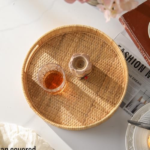 Round Rattan Tray for Coffee Table, Large Woven Decorative Tray, Wicker Serving Trays with Handles for Home and Kitchen Decor 13.2 inch - Image 4