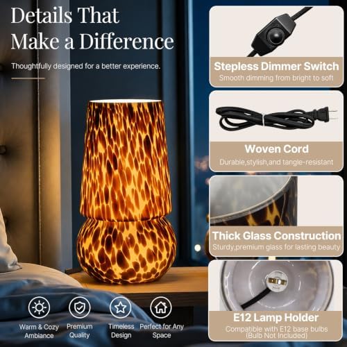 9.8″ Mushroom Glass Table Lamp, Dimmable Modern Beside Lamp, Tortoiseshell - Image 3