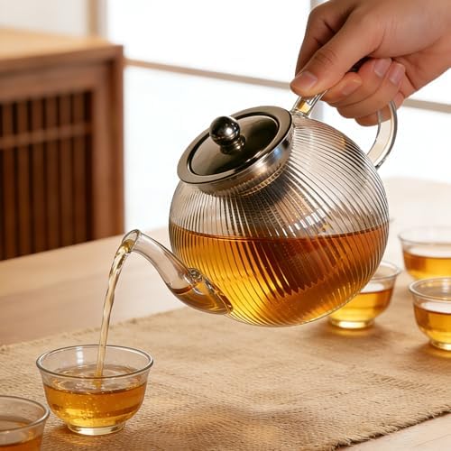 50OZ/1500ml Ribbed Borosilicate Glass Teapot with Removable Stainless Steel Infuser & Lid, Stovetop Safe Vertical Striped Clear Tea Kettle for Loose Leaf & Blooming Tea - Image 5