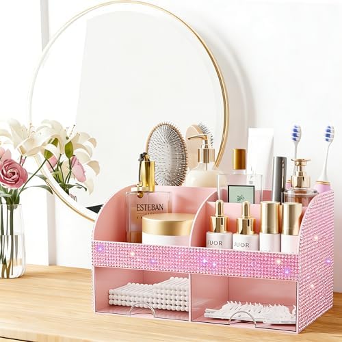 Bling Makeup Organizer with Drawers, Cosmetic Storage for Dresser Vanity and Bathroom Countertop, Beauty Holder for Lipstick Brush, Skincare Organizer for Vanity, Cosmetic Display Case Bling Pink - Image 2