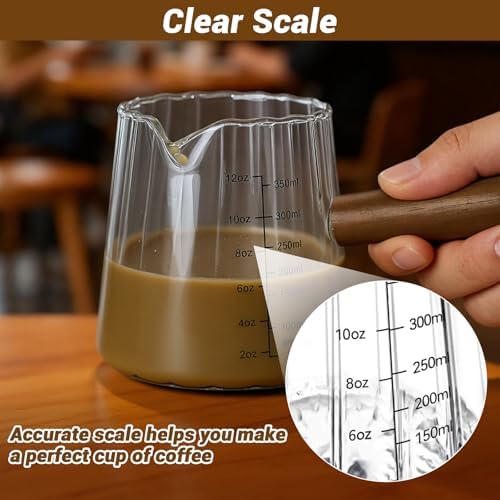 Espresso Measuring Cup 12 Oz, Espresso Glass Cups with Wood Handle, Milk Frothing Cup, Espresso Cup for Coffee, Milk, Tea or Maple Syrup Serving (Transparent, 12 oz) - Image 3