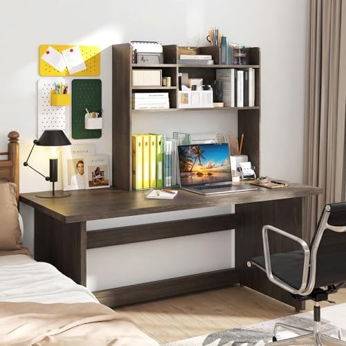 Giantex Desktop Bookshelf, 37" Desk Hutch Dorm for Computer Up to 32 Inch, Countertop Hutch w/6 Storage Shelves, 3-Tier Desktop Organizer Display Rack, Wood Desk Shelf for Home Office (Grey Oak) - Image 2