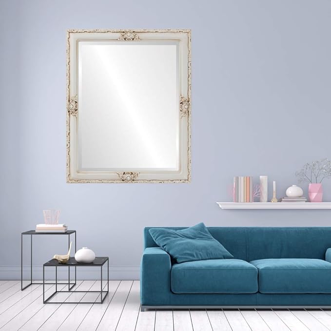 OVALCREST Rectangle Beveled Wall Mirror for Home Decor - Jefferson Style - Antique White - 20x26 Outside Dimensions