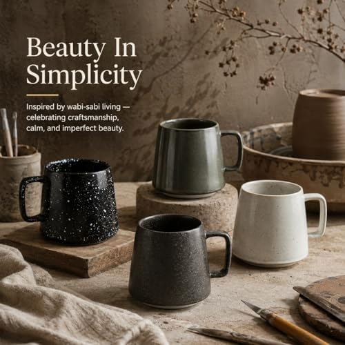 Ceramic Coffee Mugs Set of 4 – 10 oz Matte & Speckled Stoneware Mugs in Matte Black, Speckled Black, Olive Green & Ivory – Modern Minimalist Coffee Cups for Coffee, Tea, Latte & Cappuccino - Image 5