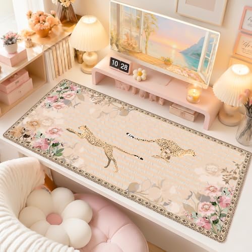 Cheetah Desk Mat, Tan Floral Vintage Rug XXL Mouse Pad 35.4x15.7in - Image 2