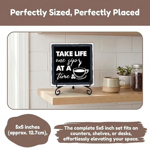 Coffee Bar Sign, Take Life One Sip at A Time Sign, Coffee Lover Gifts, 5x5 Wood Plaque with Iron Stand, Coffee-Themed Decor for Home or Cafe Tabletop – A04 - Image 5