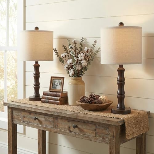 BOBOMOMO 20.5" Classic Table Lamps Set of 2, Farmhouse Nightstand Lamps with Dark Wood Grain Resin Base & Linen Shade, Small Bedside Lamps for Bedroom, Living Room, Home Office & Cozy Apartment Décor - Image 5