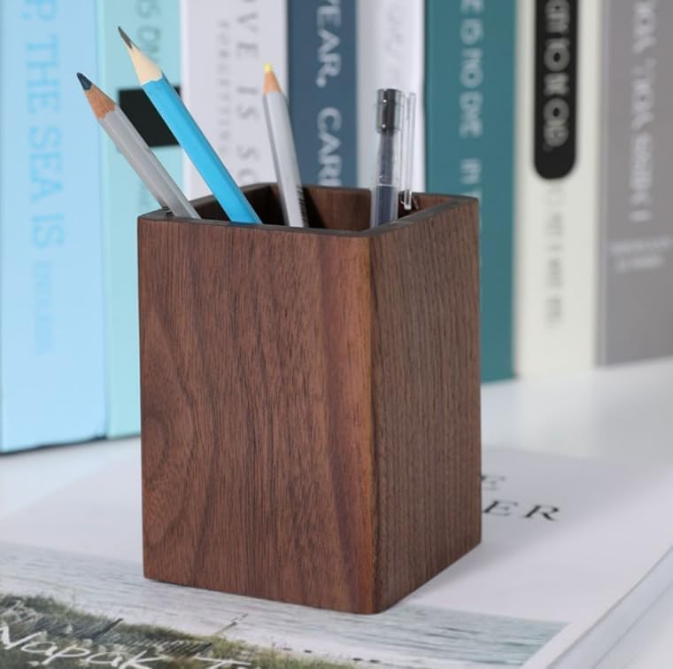 Wooden Pen Holder for Desk, Multi-Functional Pen Cup Pencil Holder for Office School Supplies Storage, Black Walnut Desk Organizer and Accessories（Square） - Image 6