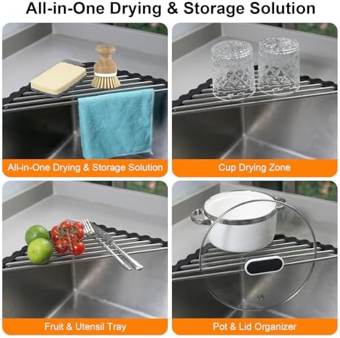 Corner Dish Drying Rack, Kitchen Sink Caddy Sponge Holder, Triangle Over The Sink Dish Drying Rack for Kitchen Counter, Roll Up Dishes Drainer Mat RV Essentials Organization and Storage Shelf, Black - Image 5