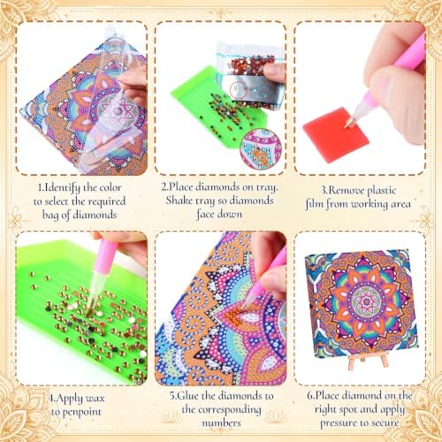 Frienda 4 Pcs Mini Mandala Framed Diamond Painting Kits, 8 x 8 in - Image 2