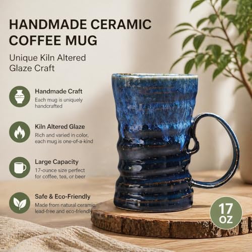 17oz Large Unique Cool Tall Handmade Ceramic Coffee Mug with Comfortable Big handle, Big Pottery Tea Mug, Artisanal Stoneware Coffee cup, Rustic Lead-free Tea Cups, Microwave safe,Black and Blue - Image 2