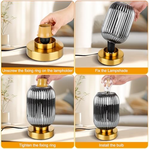 Mid Century Modern Table Lamp with Smoke Grey Ribbed Glass Shade, Touch Control & 3 Way Dimmable, Small Gold, Vintage Bedside Lamp for Bedroom, Living Room, Office (Bulb Included) - Image 7