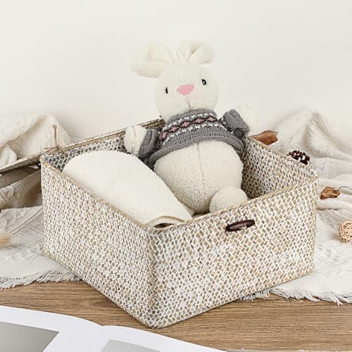 Hipiwe Wicker Shelf Basket Bin Square Handwoven Seagrass Storage Basket with Lid Home Organize Box for Bookshelf Living Room Bath Room Multipurpose Basket Container, Whitewash Large - Image 5