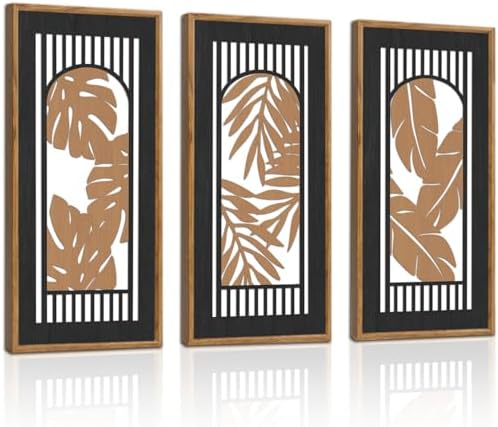 KAIRNE Rustic Tropical Boho Wall Decor,Palm Leaf Wooden Sign for Bathroom,Vintage Leaf Plant Hanging Wood Plaque Bohemian Wall Art Botanical Picture for Living Room Decoration 3 pcs(8x16Inch) by KAIRNE