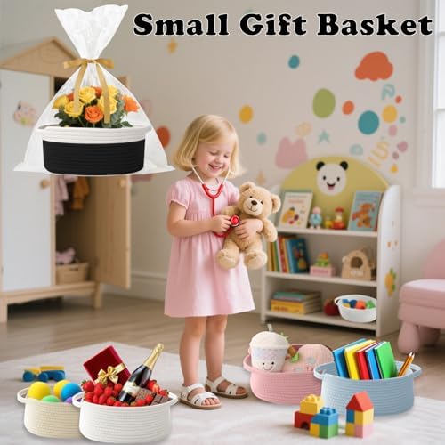Woven Rope Basket - Baby Gift Basket with Bag & Ribbon, White&Black - Image 5