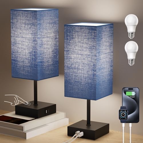 Touch Bedside Table Lamp for Bedroom, 14-Inch, Navy Blue Set of 2 by Sailstar