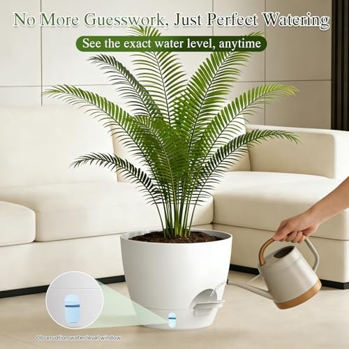 Plant Pots, 1 Pack 12 Inch Self Watering Pots with Drainage Holes, Water Level Indicator Deep Reservoir, Large Planters for Indoor Outdoor Plants - White - Image 6