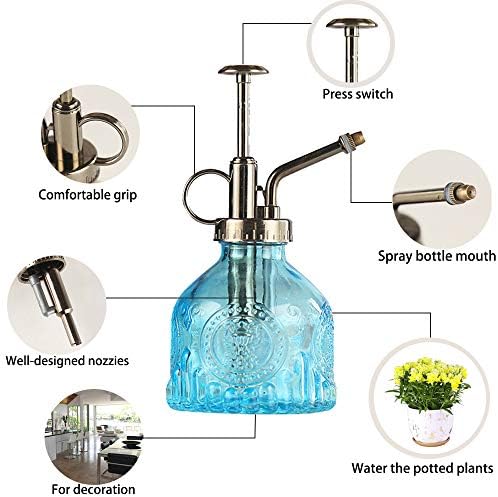 Plant Mister Glass Spray Bottle Small Plant Watering Can 6.4" Tall Retro Indoor Watering Can Bronze Plastic Top Pump for Garden Indoor Plant Sprayer (Blue) - Image 2