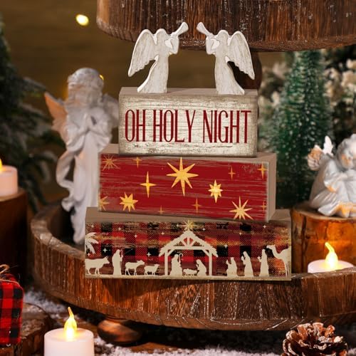 Moucuny 4 Pcs Christmas Table Decor, Oh Holy Night Wooden Sign - Image 5