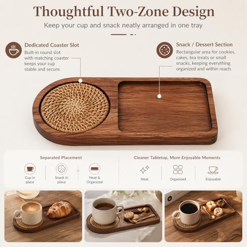 Wooden Coffee Cup Tray with Coaster Holder, Solid Cassia Wood Tea Tray with Snack Section, Cup and Snack Serving Tray for Desk, Bedside, Coffee Table - Image 6