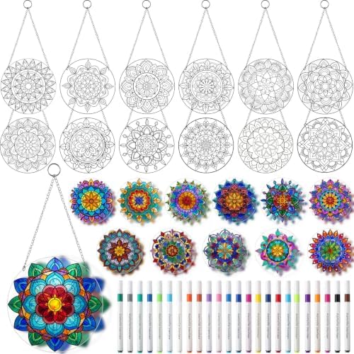 Humyoun 36 Pcs Suncatchers Crafts Kit DIY Paint Art Stained Glass Painting Craft Kits 24 Markers and 12 Suncatchers for Adults Home Decor Creative Projects (Mandala) by Humyoun