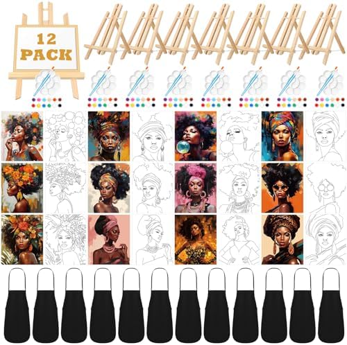 Motipuns 12 Set Afro Queen Pre Drawn Canvas for Paint for Adults by Motipuns