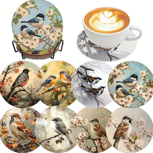 Clendo 8 PCS Bird Diamond Art Coaster Kits with Holder - Vintage Diamond Painting for Adults Beginners - 5D Gem Art Dots Paintings with Cork Pads - Crafts Supplies by Clendo