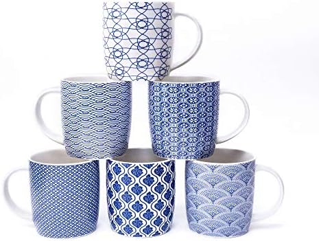 Set of 6 11.5 oz Coffee Mugs with Blue and White Geometric Patterns, Ceramic Tea Cup Set by MACHUMA
