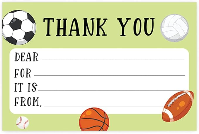 Andaz Press Kids Fill in the Blank Thank You Cards - 20 Cards Including Envelopes Sports Theme Gender Neutral Note Cards For Boys Girls Birthday Party Thank You Notes for Friends, Family Party Guests