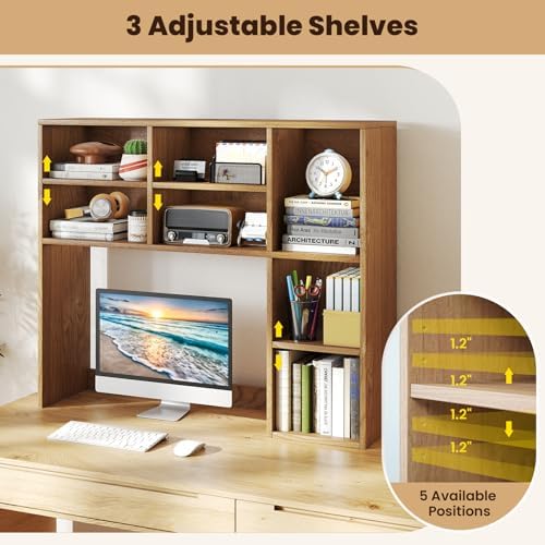 Giantex Desktop Bookshelf, Desk Hutch Dorm w/ 7 Cubes & 3 Adjustable Shelves, Desk Shelf for Up to 27" Computer Monitors, Wooden Desktop Storage Organizer for Dorm College Office Homem, Natural - Image 5
