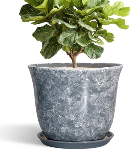Ceramic Plant Pots - 12 Inch Plant Pot with Drainage Hole and Saucer, Round Planter for Indoor Outdoor, Modern Decorative Planters, Large Flower Pots, Home Decor, Housewarming Gifts, Grey by SUNPOTFOR