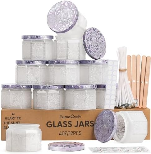 LumaCraft 12 Pack 4oz Glass Candle Jars with Lids, Hexagon Embossed Candle Making Containers, Empty Candle Jars with 20 Wicks & Labels for DIY Candle Making, Party Favors, Home Decor by Unknown