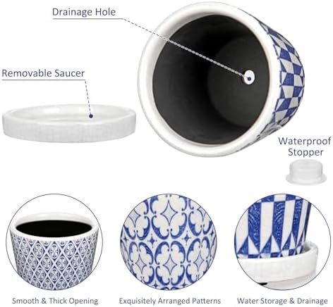 Small Ceramic Pots for Plants, 4.7 inch Blue and White Plant Pot Indoor with Drainage & Saucer Set of 3 Ceramic Planters for Indoor Plants Succulent Pot Decorative Flower Pots for Cactus, Orchid, Herb - Image 2