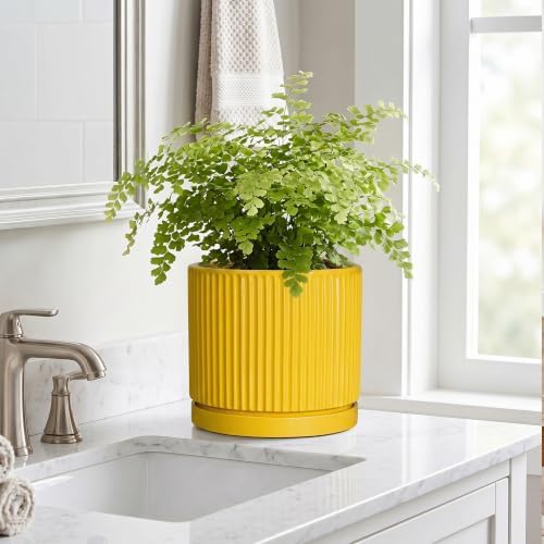 Ceramic Planter 8 Inch, Round Flower Pots with Saucer, Yellow - Image 7