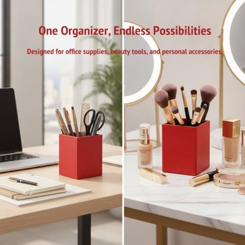 UnionBasic Square Pen Holder, Leather Pencil Cup, Desktop Caddy Stationery Organizer, Red - Image 2