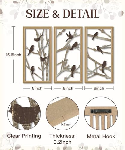 Putuo Decor Bird Wall Art, Birds on Branches Wall Decor Set of 3, Modern Aesthetic Wall Hanging Minimalist Nature Wall Art for Living Room Bedroom Entryway Hallway Home Decor 16x8 in - Image 2