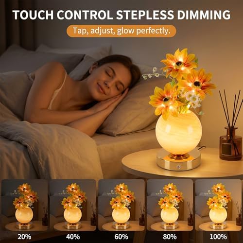 Sunflower Lamp – Rechargeable Wireless Touch-Control Dimmable Faux Flower Desk Light, LED Glass Planet Vase Night Light, Kitchen Bedroom Office Decor, Housewarming Gift Women and Mom - Image 3