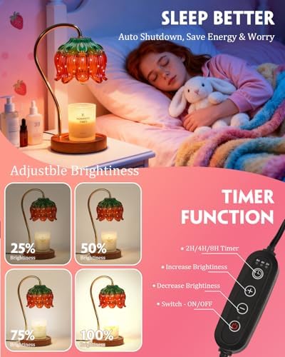 Funistree Flower Candle Warmer Lamp with Timer, Dimmable Candle Lamp Warmer, Christmas Birthday Gifts for Women Mom Her, Housewarming Home Decor, Lotus Wax Warmer for Yankee Candles - Strawberry - Image 6