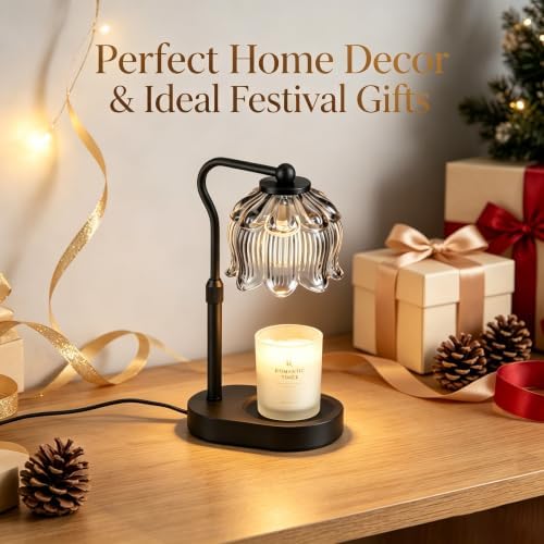 Briever Flower Candle Warmer Lamp, Adjustable Height Electric Candle Lamp with Timer & Dimmer, Wooden Base Wax Warmer, Christmas Birthday Housewarming Gifts for Women Mom, Black-Gray Glass - Image 6