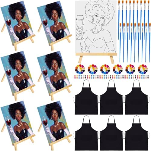Motipuns 6 Set Pre Drawn Canvas for Painting for Adults Sip and Paint Kit with Easels 8 x 10 Inches Paint Party Kit with Printed Canvas Paints Brushes Palette Apron(Woman and Wine) by Motipuns
