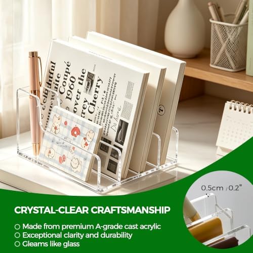 Acrylic Mail Organizer for Desk, 5 Compartments Letter Sorter with Pen Holder, Clear Desktop File Folder & Notebook Holder, Cute Office Supplies Organizer for Home Office School - Image 4