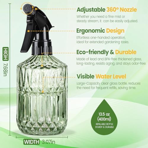 Watering Can for Indoor Plants, 20 oz Metal Small Plant Watering Can with Long Spout for House Plants, 13.5 oz Glass Plant Mister Spray Bottle for Bonsai Garden Flowers Decorative (Green) - Image 7