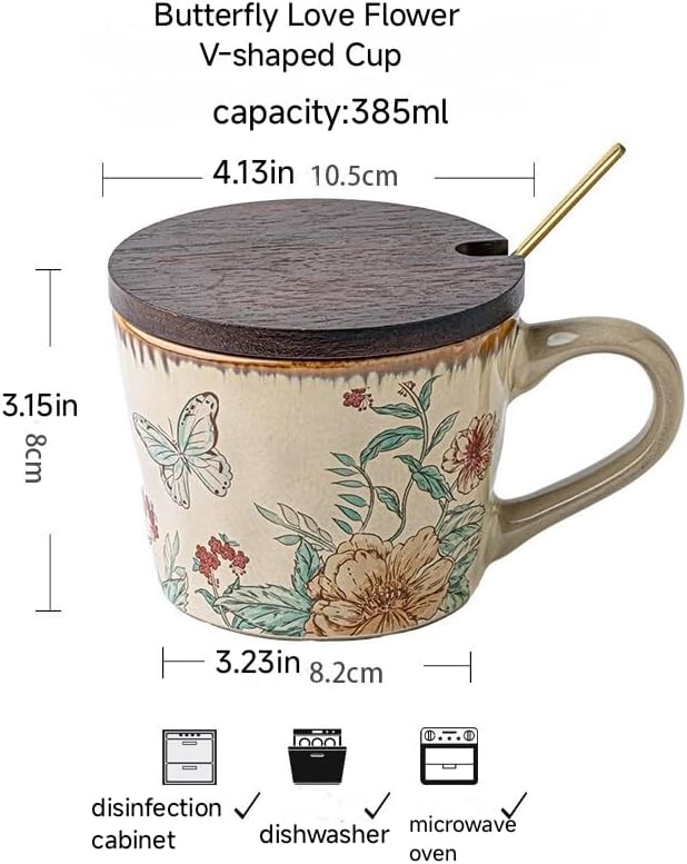 14OZ Ceramic Latte Mug, Cute Love Of Butterfly Flower Coffee Mug For Women With Lid And Spoon, Retro Floral Cup For Green Tea OR Coffee,Hand Painted Floral Design Pottery Cute Mug - Image 7