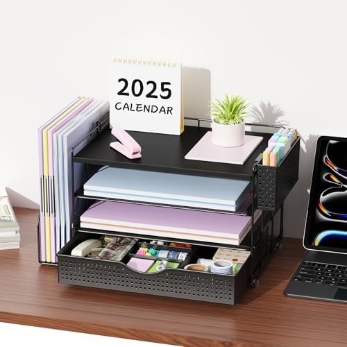 Wood Desk Organizers and Accessories with File Holder, 4-Tier Desk Accessories & Workspace Organizers with Drawer and Pen Holder, Desk Reference Organizer (Black, 4T with Drawer) - Image 5