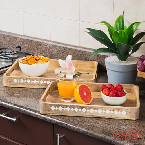 Mela Artisans Rounded Mango Wood Serving Tray Set - Natural, 15" and 13.5" - Image 6
