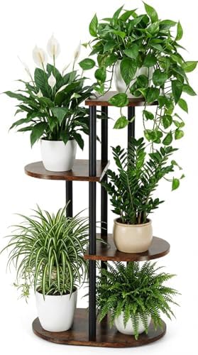 Tiered Plant Stand Indoor, Tall 4 Tier 5 Potted Wooden Plant Shelf for Multiple Flower Plants, Multi Corner Metal Plant Holder Indoor for Patio Garden Patent Design Living Room Balcony Bedroom, Rustic Brown by Unknown